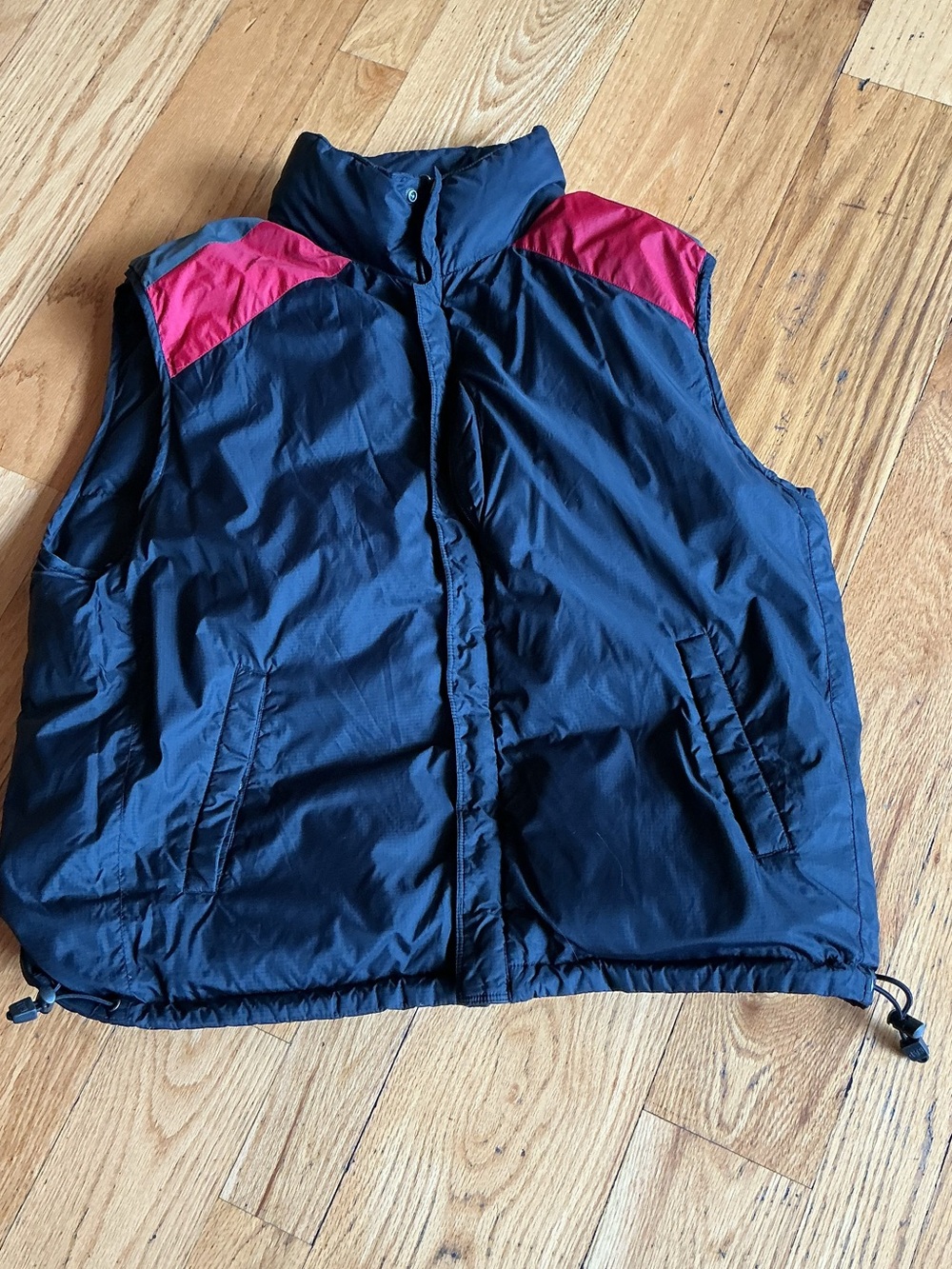 Navy Puffer Vest with Red Shoulder Panels